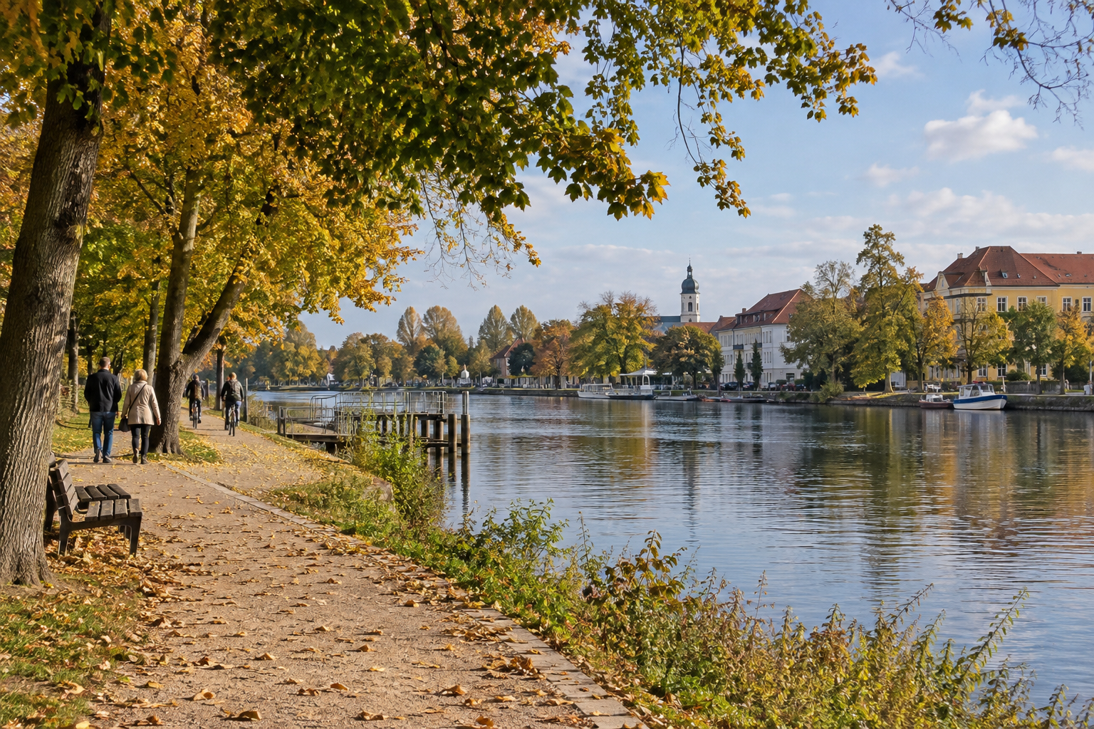 Herbstlicher Spazierweg an der Havel mit Bäumen und Fahrrädern